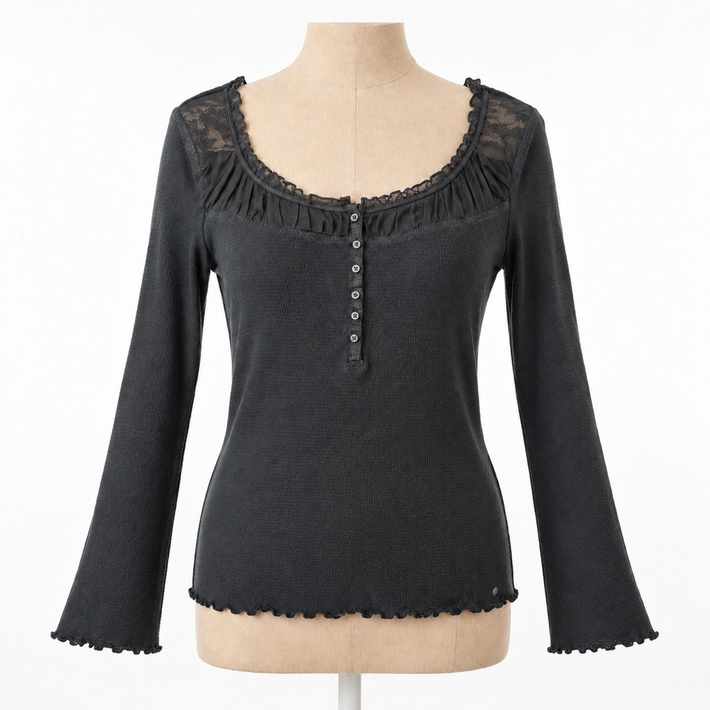 Vintage Y2K Ralph Lauren Whimsigoth Henley Top Size M Black Lettuce Ruffle Lace